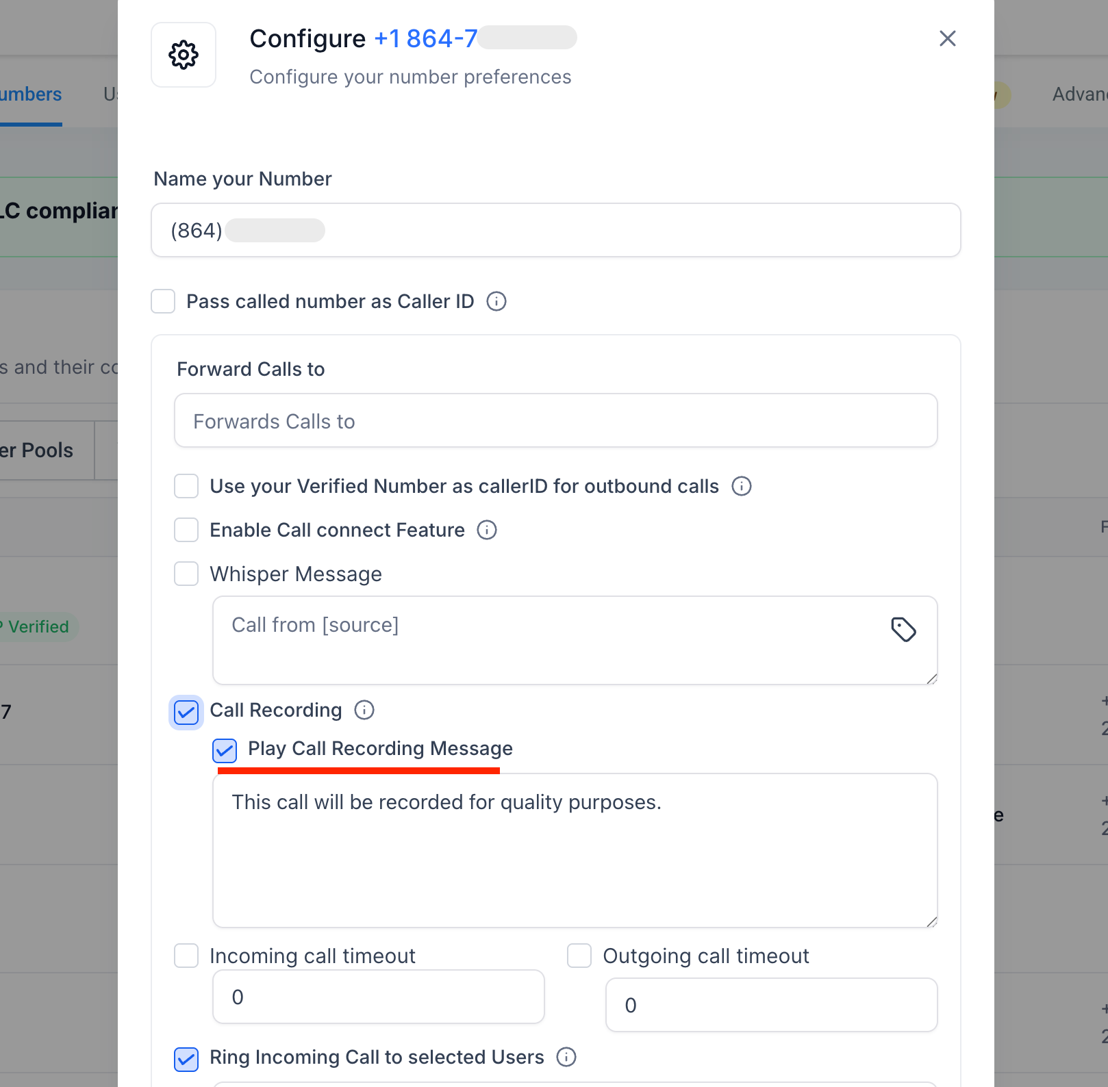 Phone configuration panel in HighLevel with checkbox to enable or disable call recording message and field to edit the default disclaimer text.