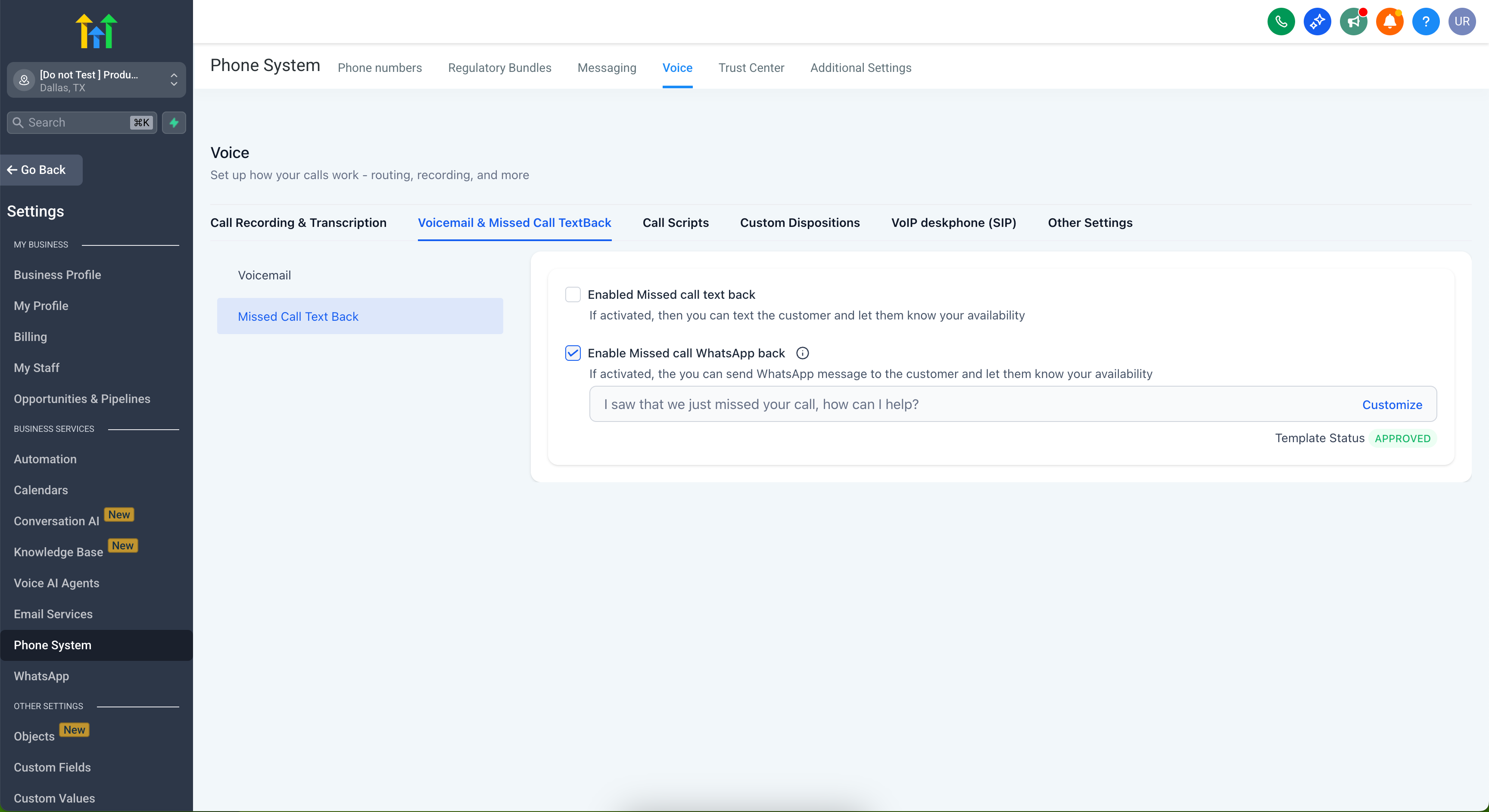 Phone System settings in HighLevel showing the option to enable automatic WhatsApp replies for missed calls with a pre-approved message template.