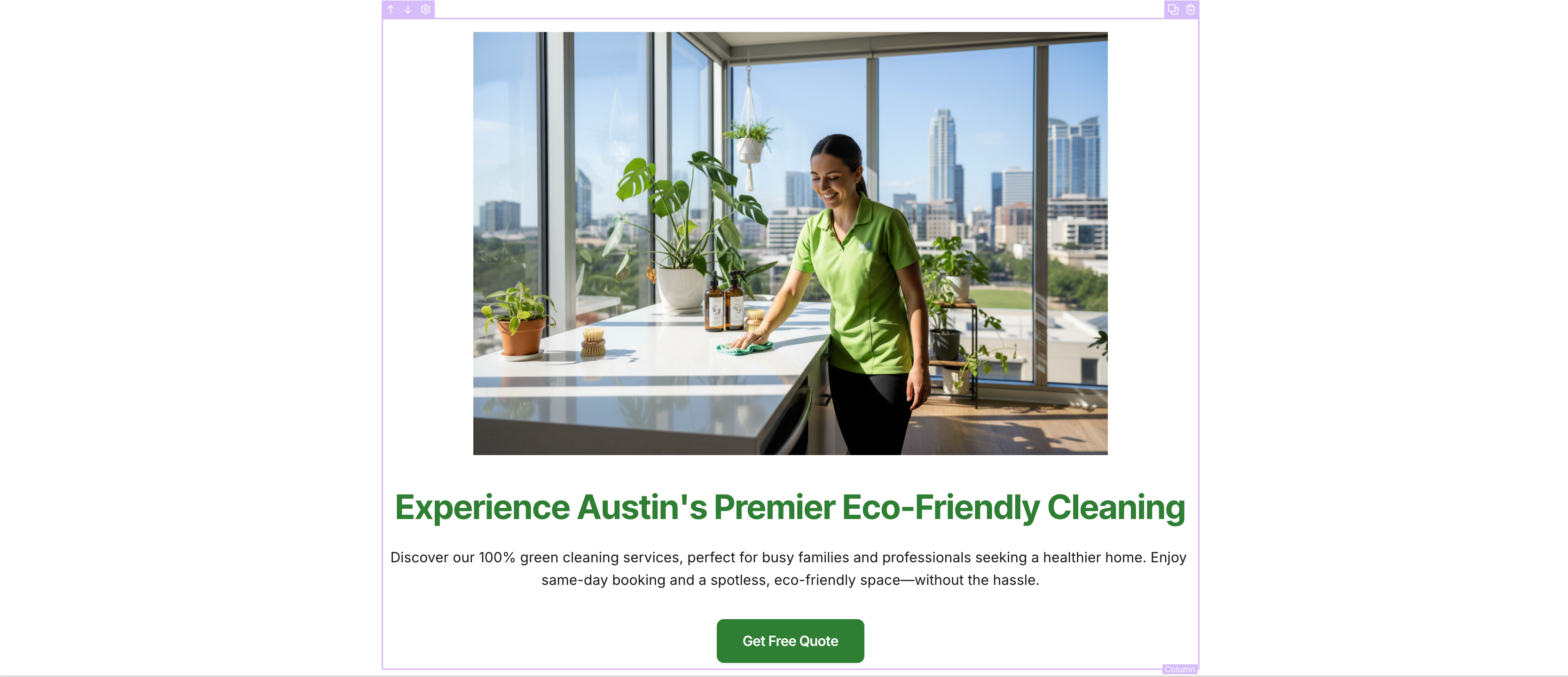 Preview of HighLevel's AI Page Builder displaying a modern landing page layout generated with prebuilt sections, headline, and call-to-action for a local service business.