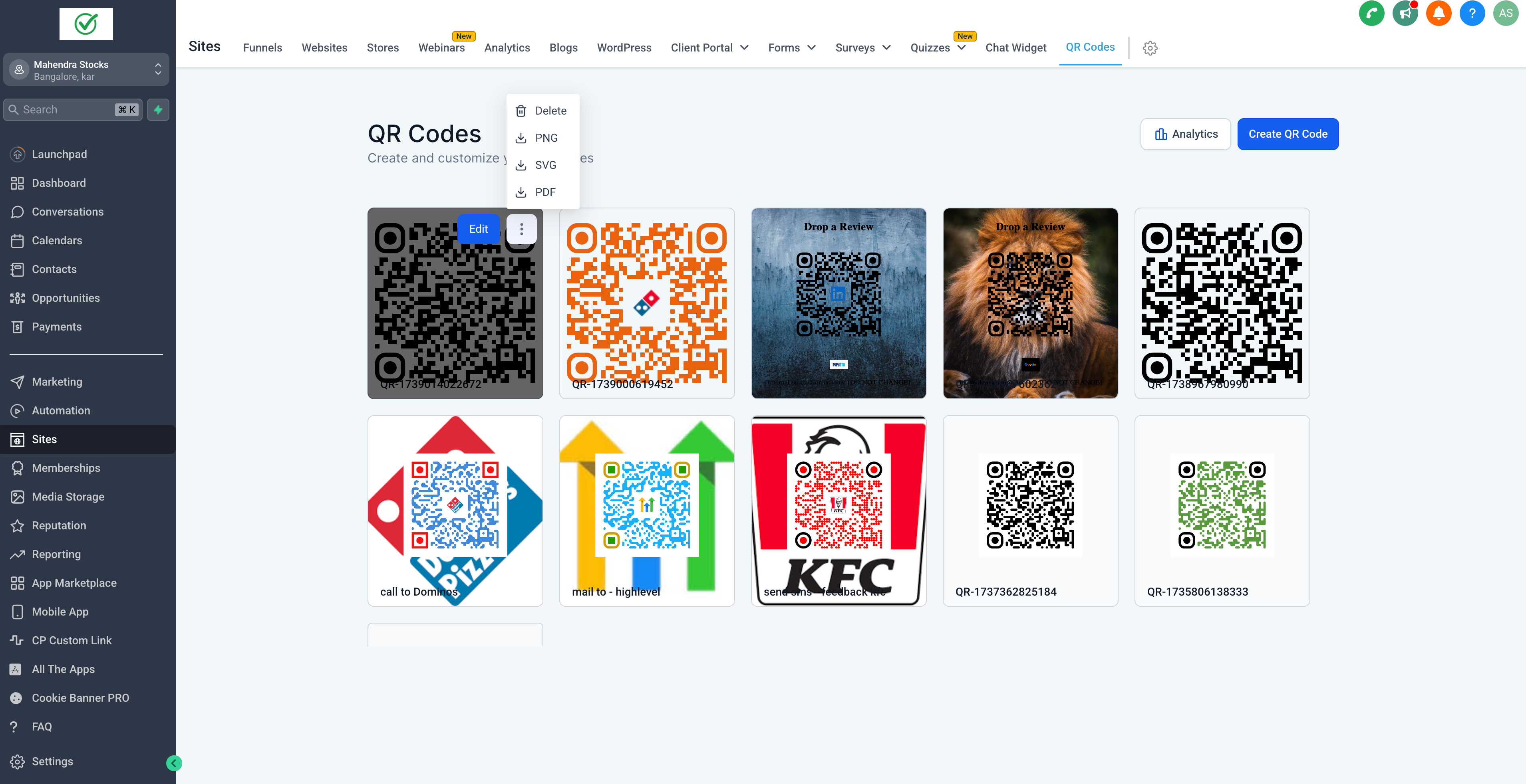 QR code dashboard in HighLevel with dropdown menu offering export options including PNG, SVG, and PDF formats.
