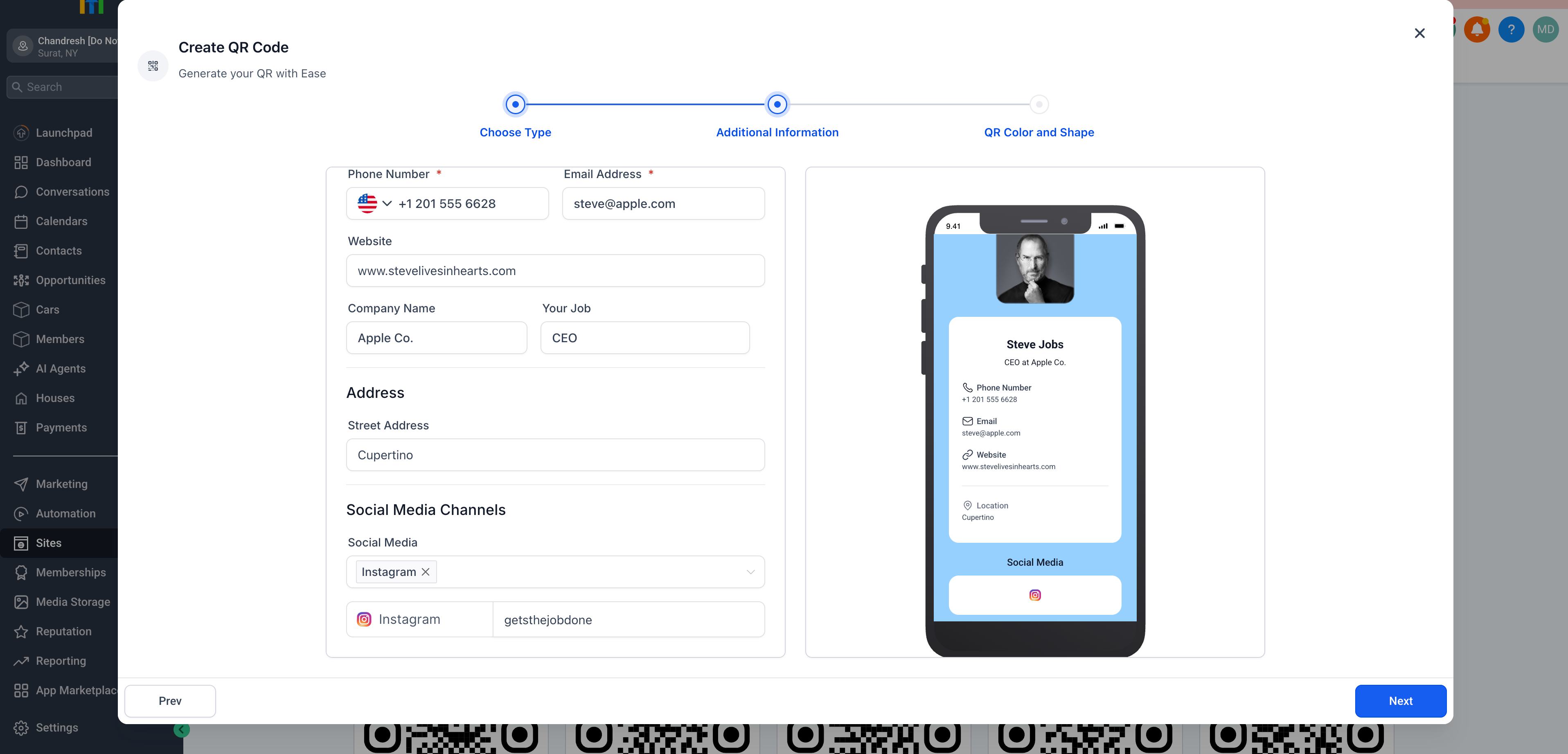 QR Code profile and business card preview showing contact details, headshot, and social links on a mobile-friendly layout.