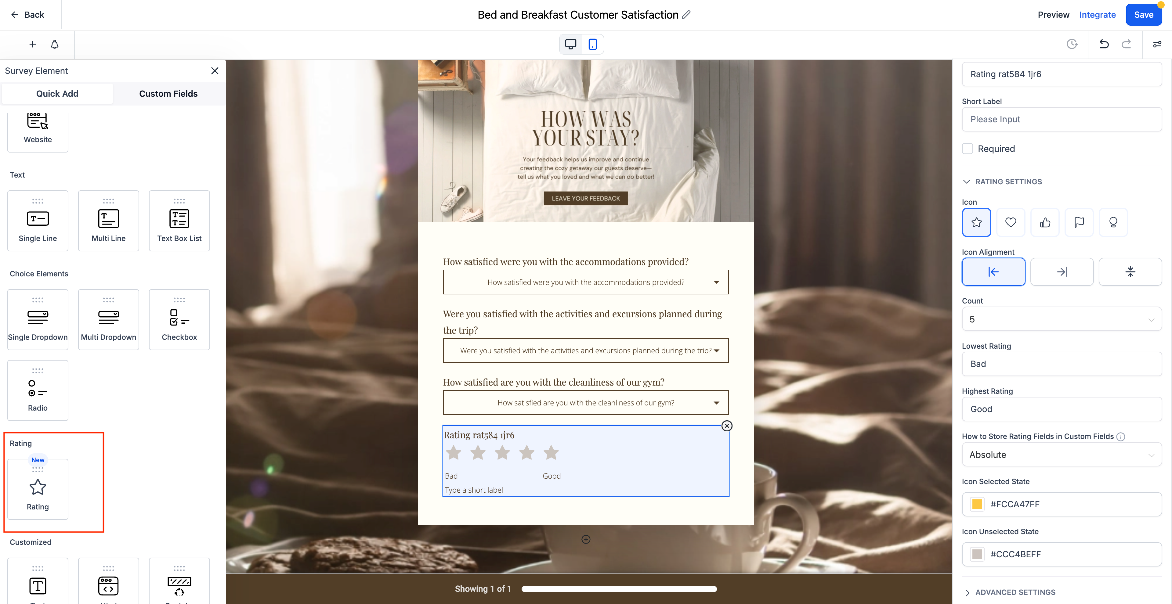 Rating field options and customization in HighLevel forms and surveys