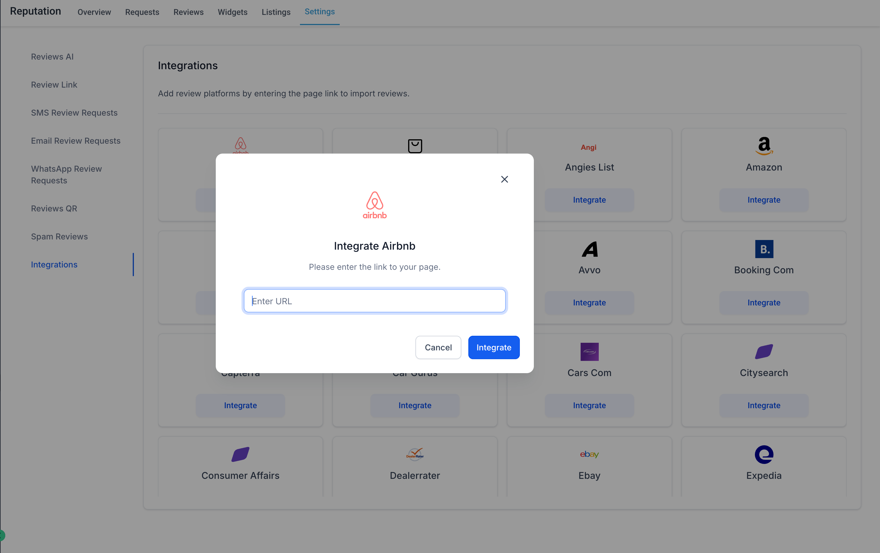 Reputation > Integrations screen with pop-up window to paste a URL for importing review data. Platforms shown include Airbnb, Angi, Yelp, Facebook, Zillow, and more.