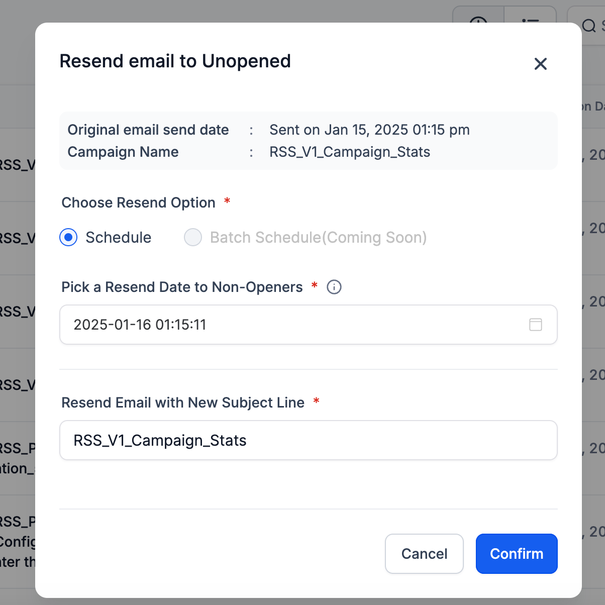 Resend email to unopened popup in HighLevel showing scheduled resend date and custom subject line input for batch campaign