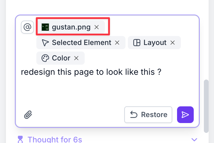 Screenshot of a prompt inside HighLevel's funnel builder with an image attachment and request to redesign the page.
