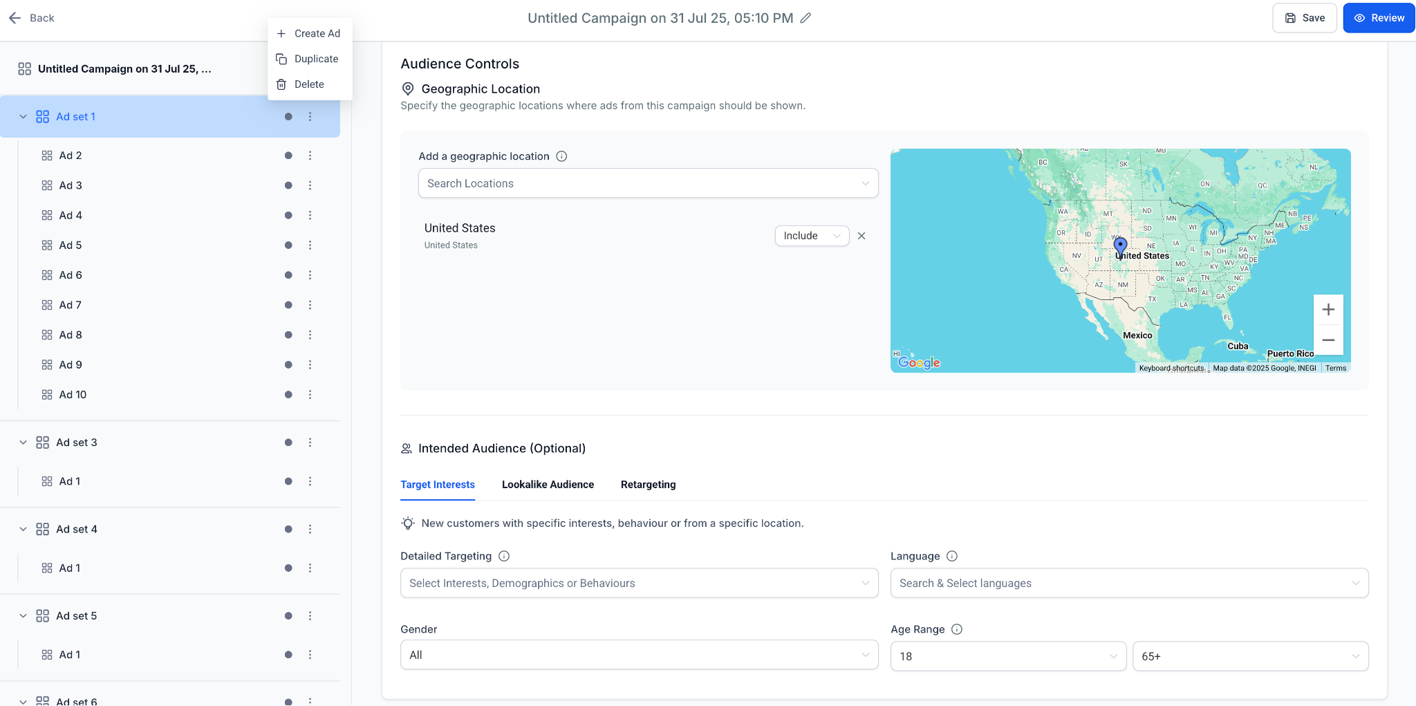 Screenshot of HighLevel Meta Ads Manager showing a campaign setup with multiple ad sets and up to 10 ads per ad set, along with audience targeting options like geographic location, detailed targeting, and demographics.