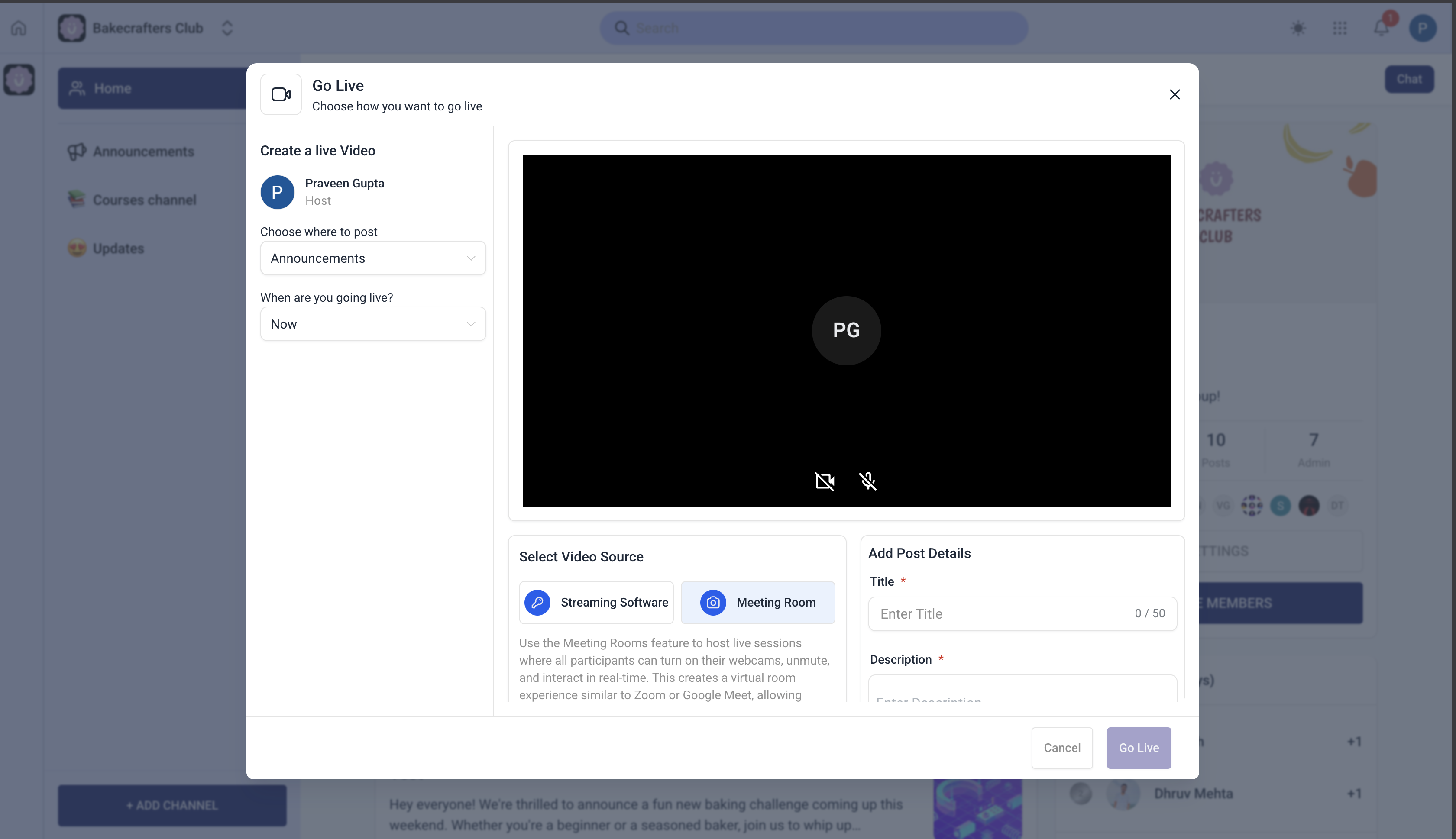 Screenshot of HighLevel's Go Live panel for Communities with options to select video source and schedule a live session.