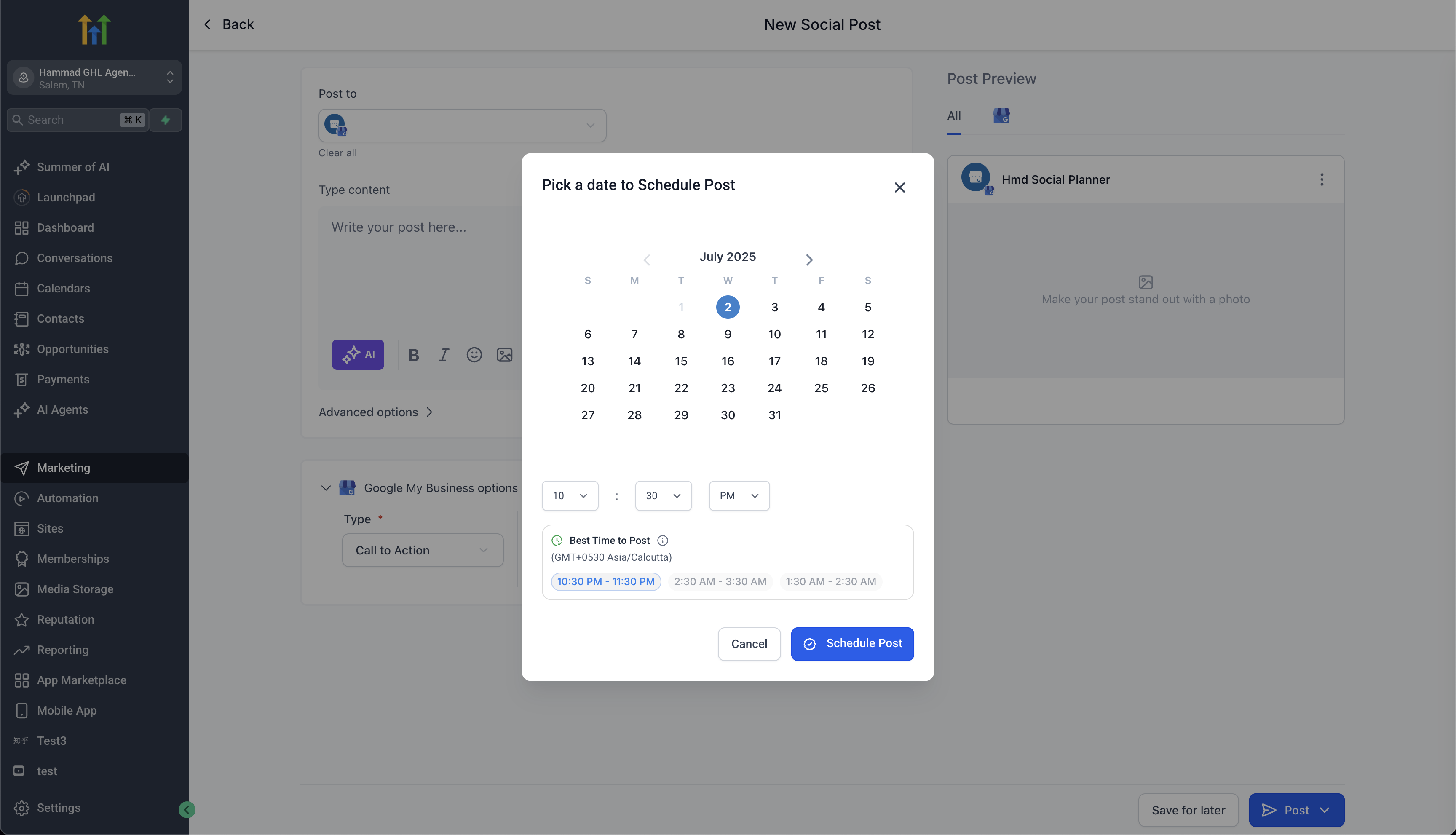 Screenshot of HighLevel's Social Planner scheduling interface, showing a calendar picker with the "Best Time to Post" highlighted as 10:30 PM - 11:30 PM. The interface includes social platform selection, post content input, and a "Schedule Post" button.