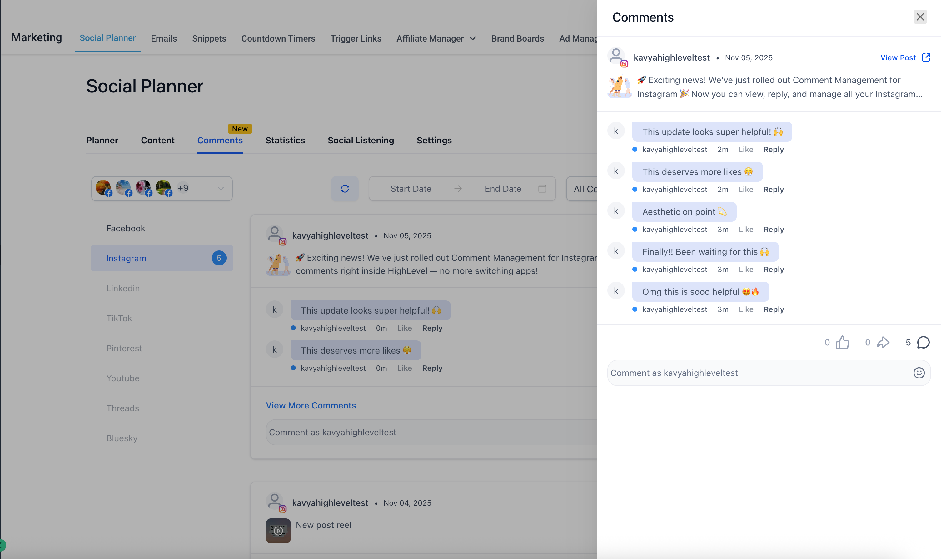 Screenshot of HighLevel's Social Planner showing Instagram comment management with threaded replies, filters, and engagement options directly inside the dashboard.