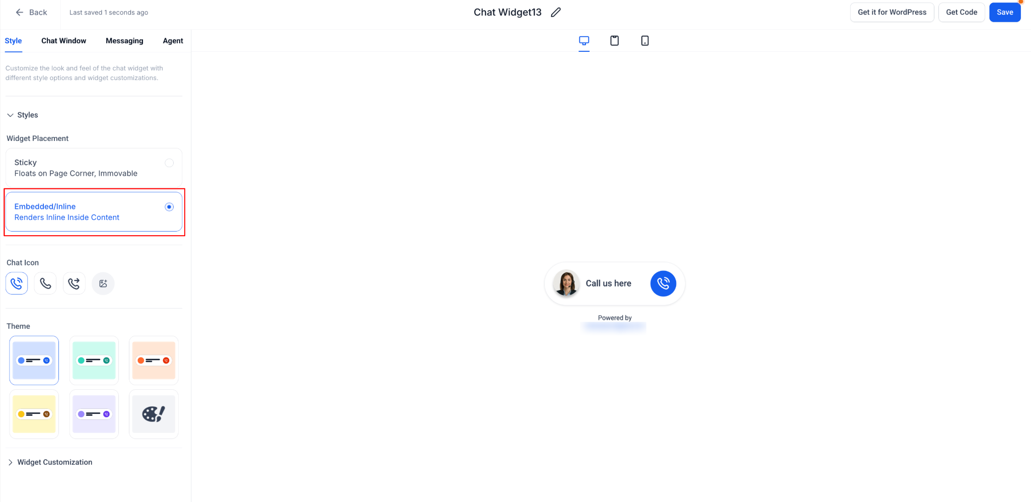 Screenshot of the HighLevel chat widget builder with the embedded voice AI option selected, including visual chat icon styles and a preview of a voice-enabled chat bubble on a website.