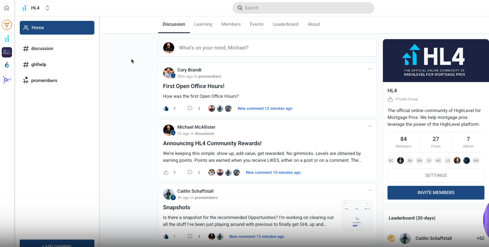 Screenshot of the HL4 Community dashboard showing discussion posts, including announcements for 