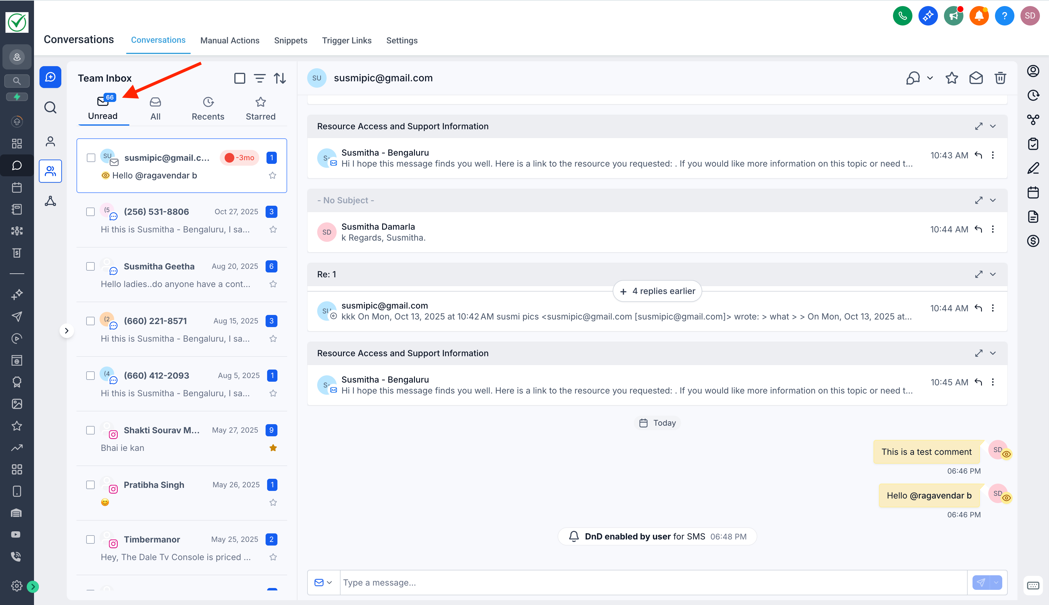 Screenshot of the updated Conversations inbox in HighLevel. A red arrow points to the 