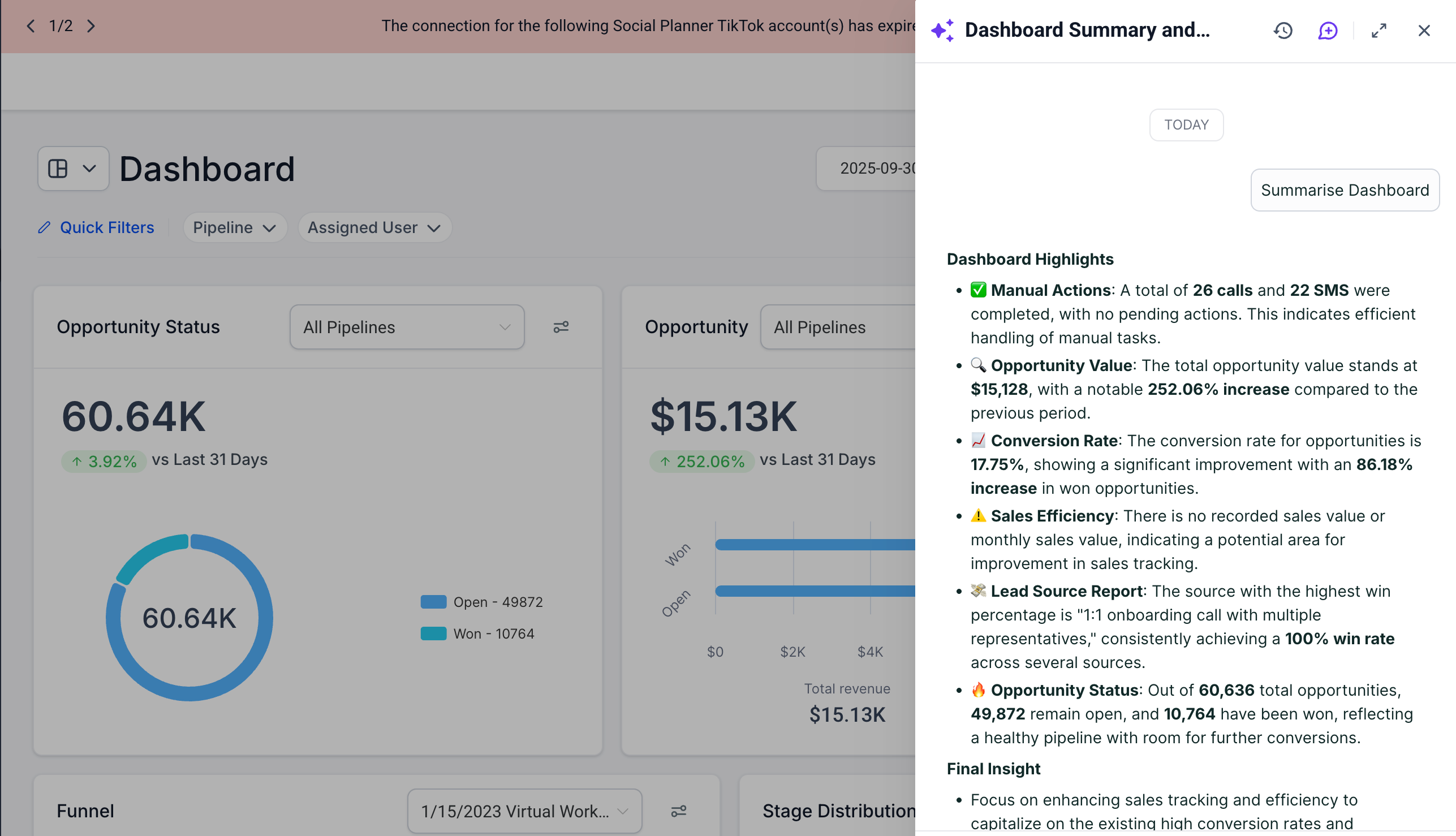 Screenshot showing HighLevel dashboard summary with performance metrics like opportunity value, conversion rate, and manual actions.