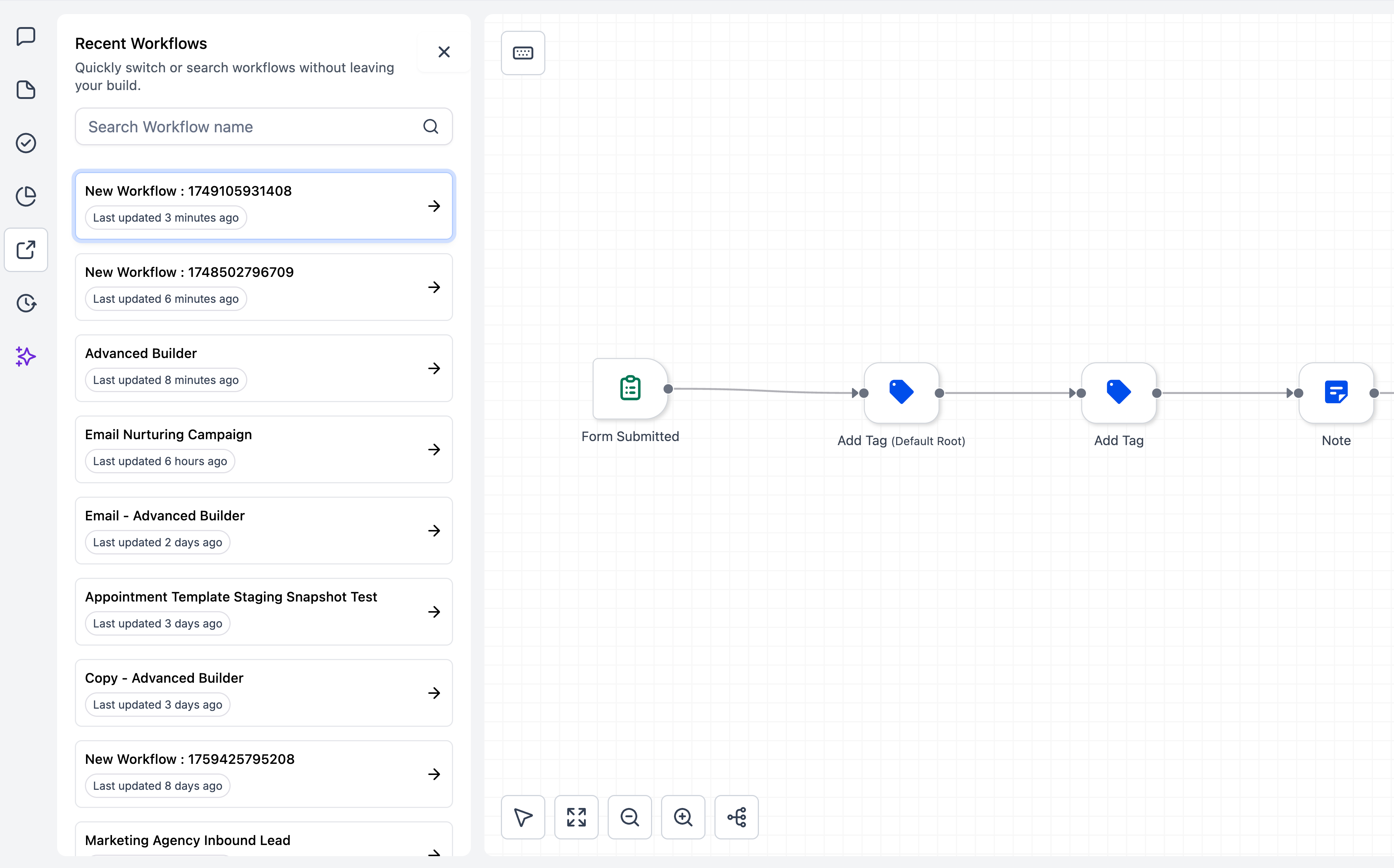 Sidebar showing recent workflows list for quick switching between builds without leaving the current canvas.