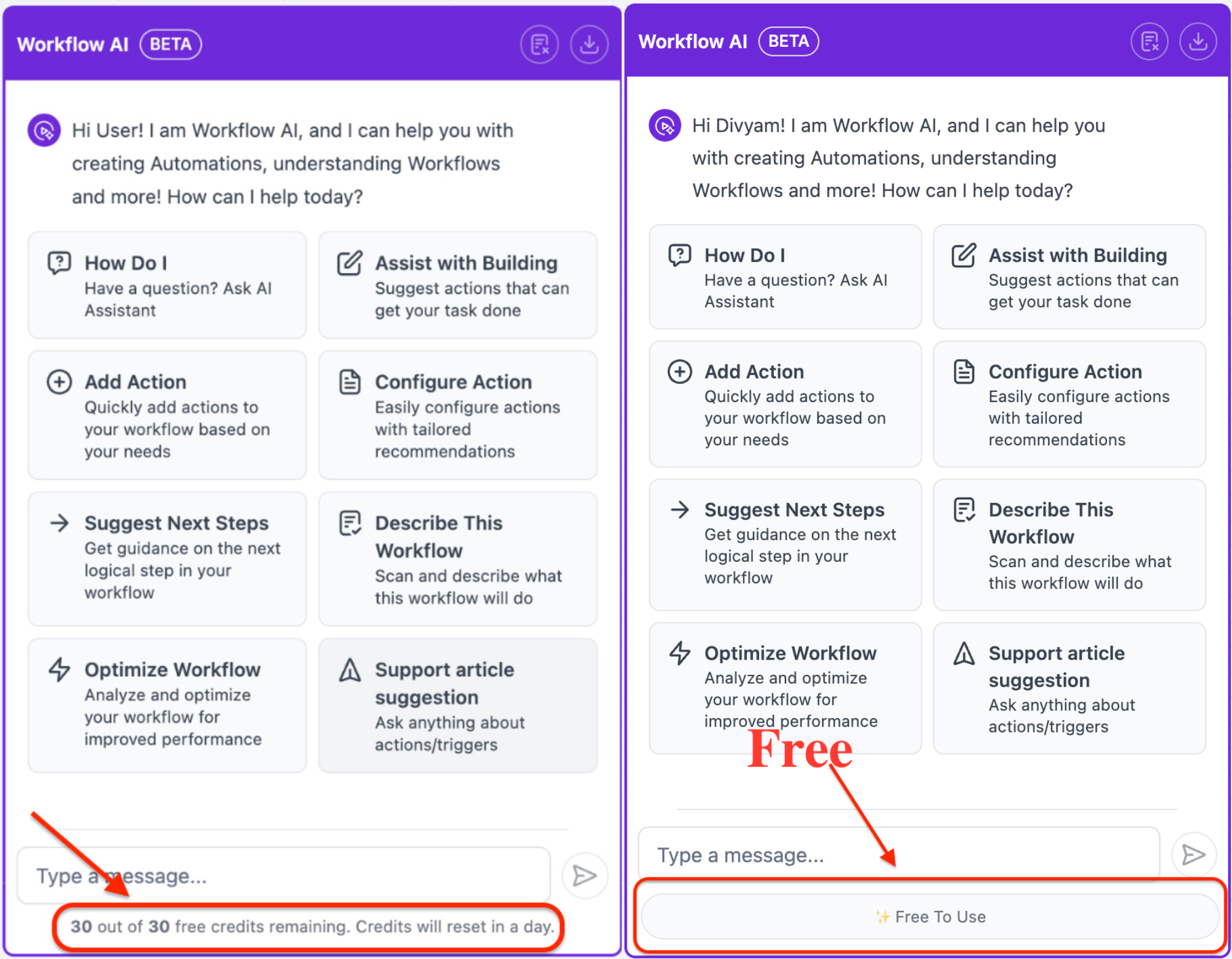 Side-by-side comparison of HighLevel Workflow AI interface before and after update, highlighting the removal of credit limits and new 