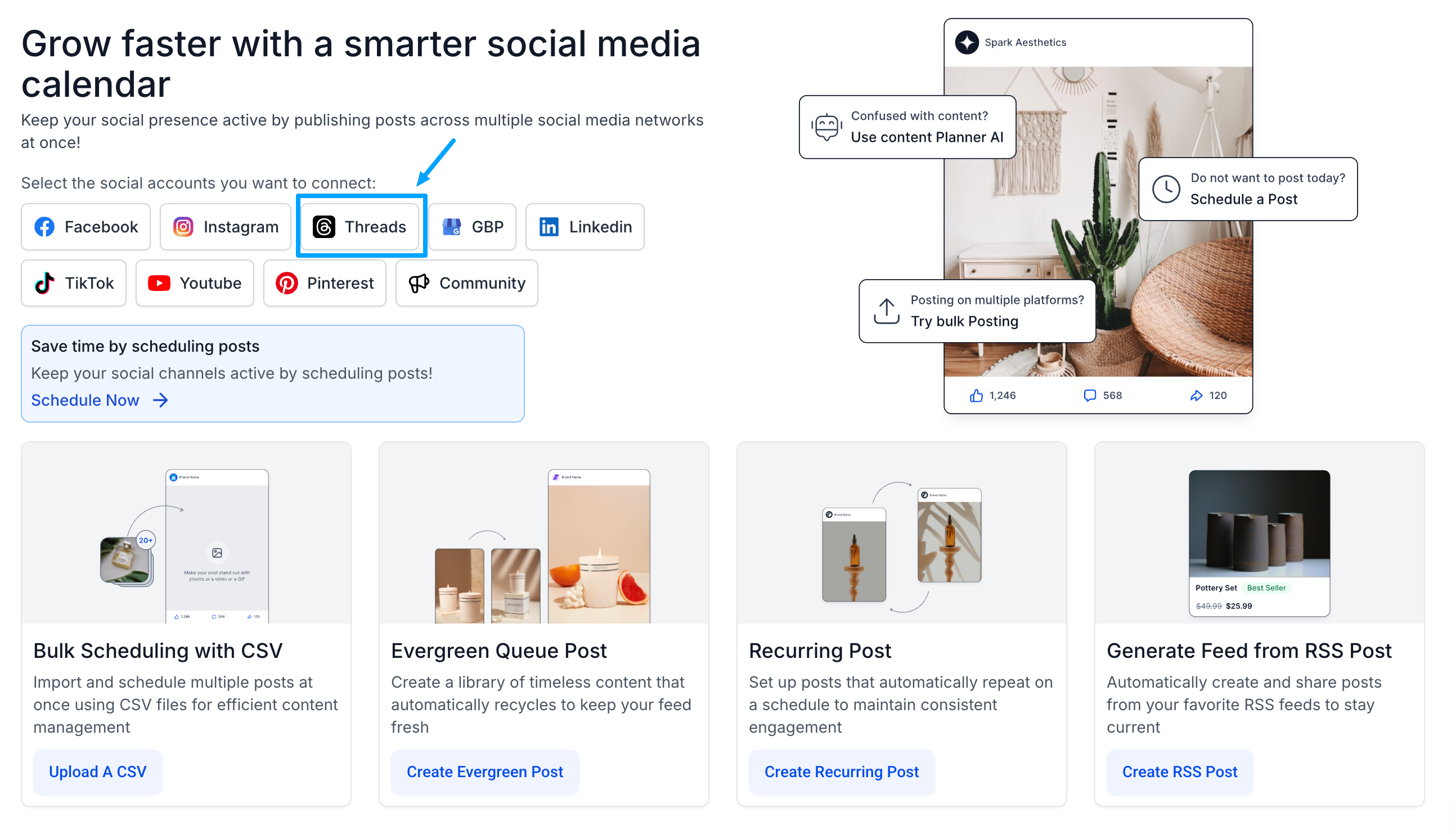 Social Planner landing page promoting social media integrations. The top section shows icons for Facebook, Instagram, Threads, TikTok, YouTube, Pinterest, GBP, and LinkedIn. Threads is highlighted with a blue outline and arrow. Below are feature cards for bulk scheduling with CSV, evergreen post queues, recurring posts, and RSS feed generation.