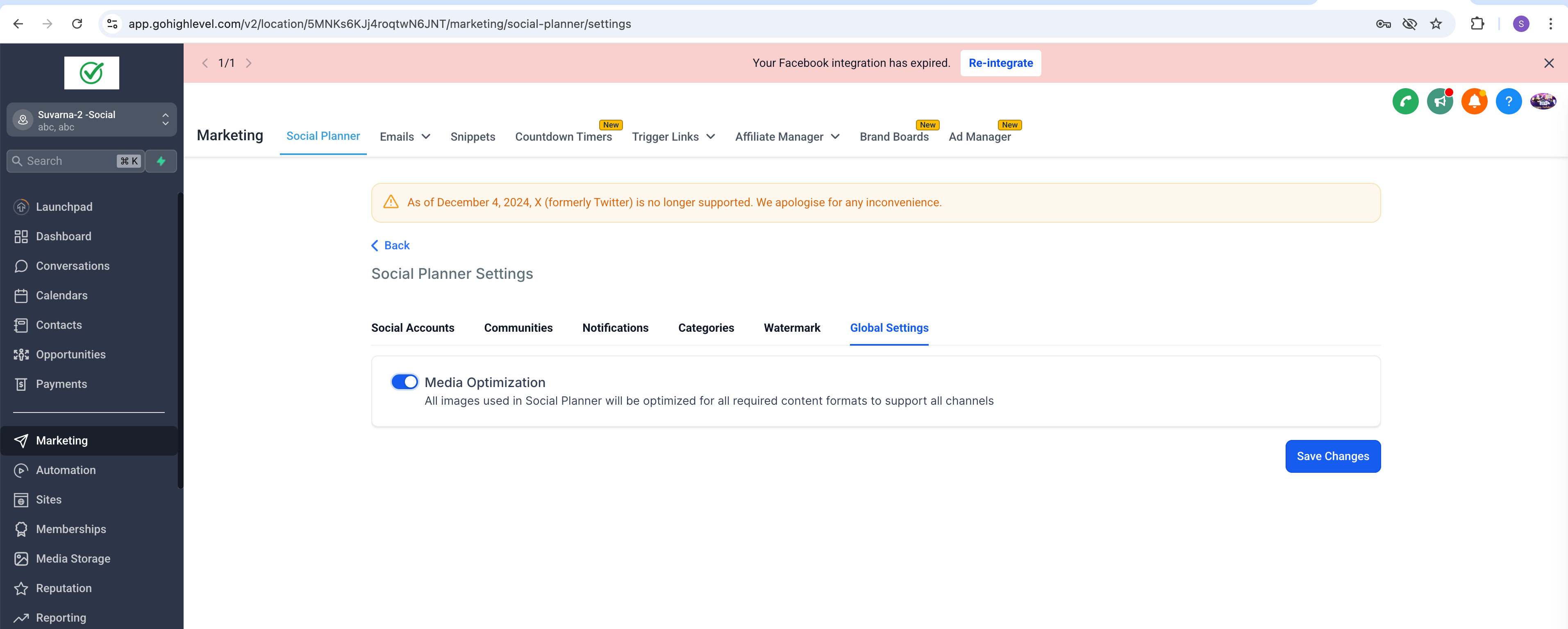 Social Planner settings screen with Media Optimization toggle enabled