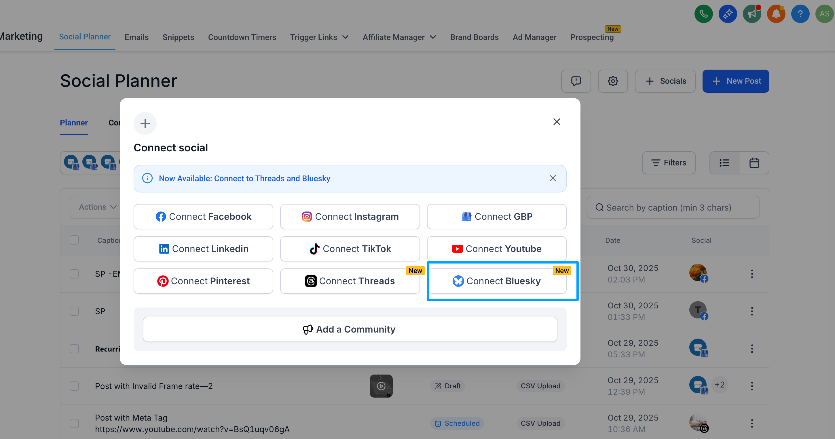 Social Planner's 'Connect Social' window showing integration options for multiple platforms: Facebook, Instagram, LinkedIn, TikTok, YouTube, Pinterest, Threads, and Bluesky. The 'Connect Bluesky' button is marked with a 'New' label, highlighting the recently added integration. A banner above announces availability of Threads and Bluesky connections