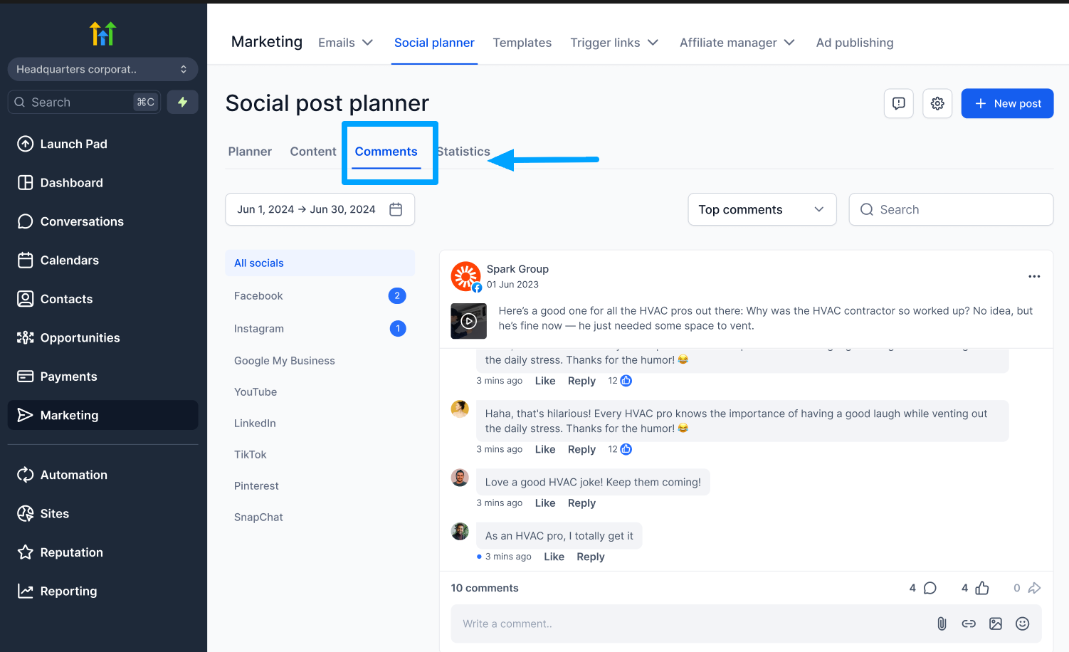 Social Post Planner under the 'Comments' tab, showing a Facebook post from Spark Group with multiple comments and replies. The interface allows sorting by top comments, filtering by date range, and selecting specific social platforms like Facebook and Instagram. The layout displays a running thread of engagement beneath the post.