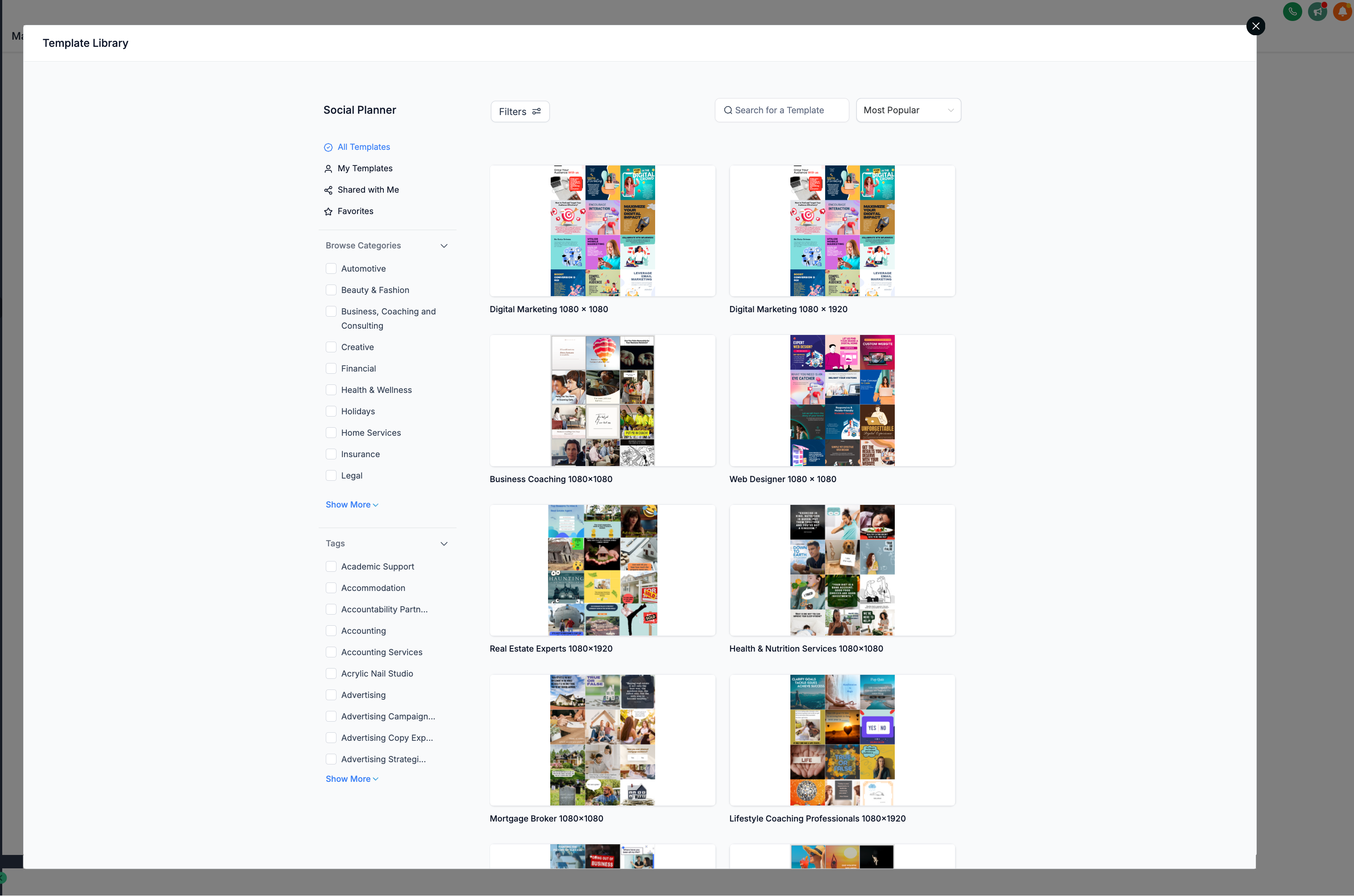 Template Library in HighLevel's Social Planner showing organized content categories and multiple grid previews of recent social media templates for real estate, business coaching, and marketing.