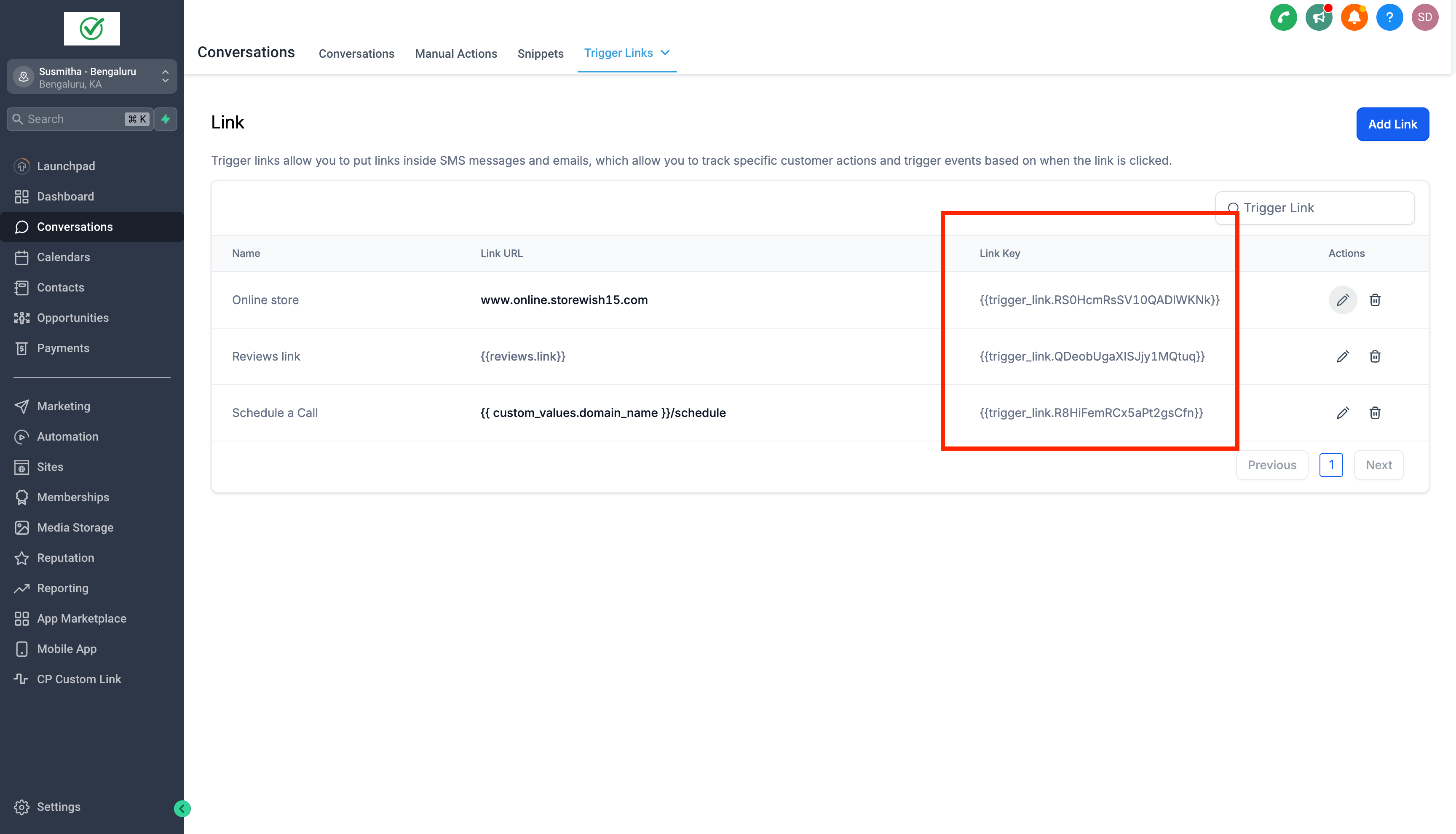 Trigger Links dashboard showing link names, URLs, and directly accessible link keys for use in workflows or automations