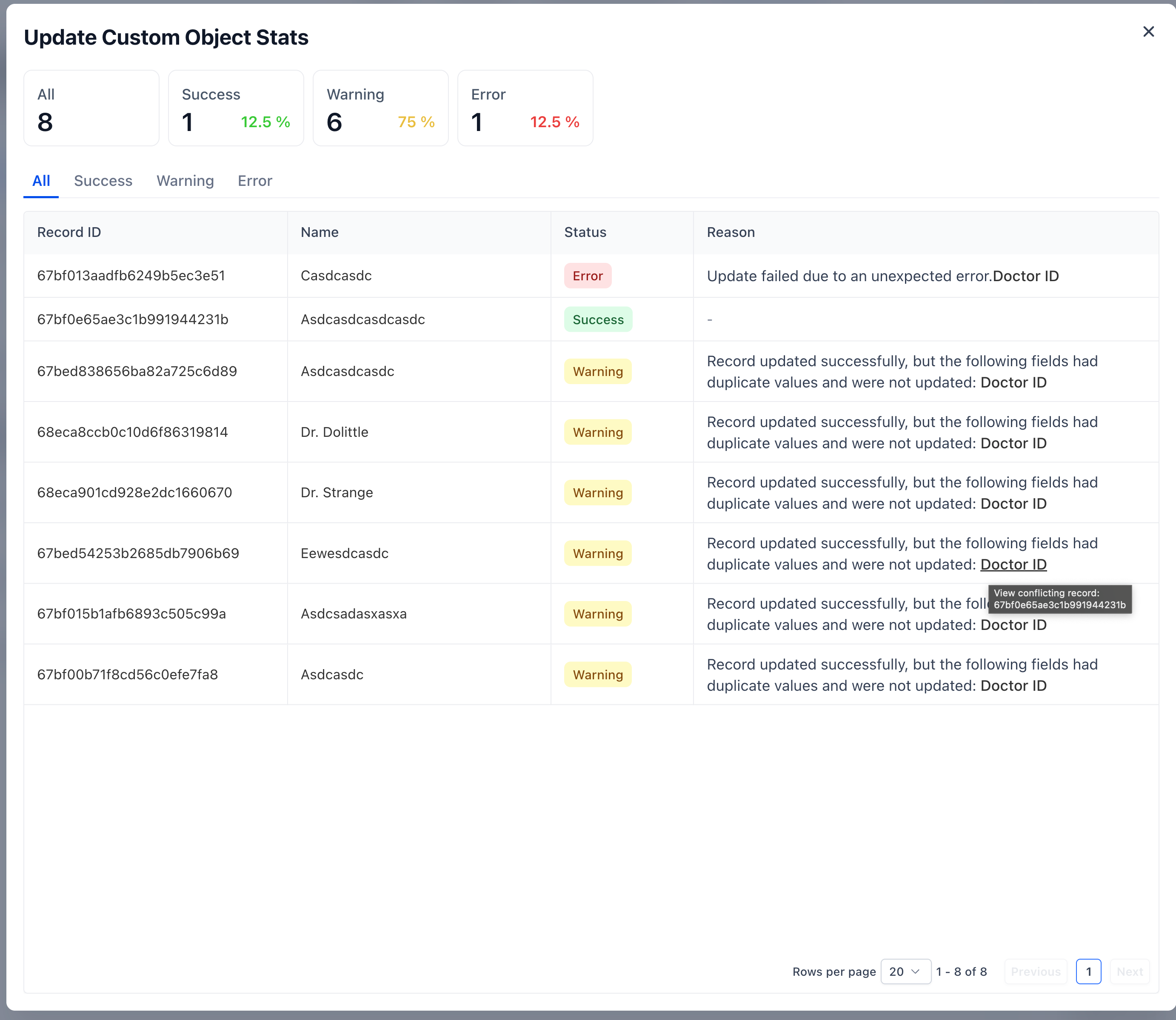 Update Custom Object Stats window in HighLevel showing eight records with various update statuses: Success, Warning, and Error. Warnings indicate duplicate field values (Doctor ID). The interface includes tabs to filter by status and a data table listing Record ID, Name, Status, and Reason.