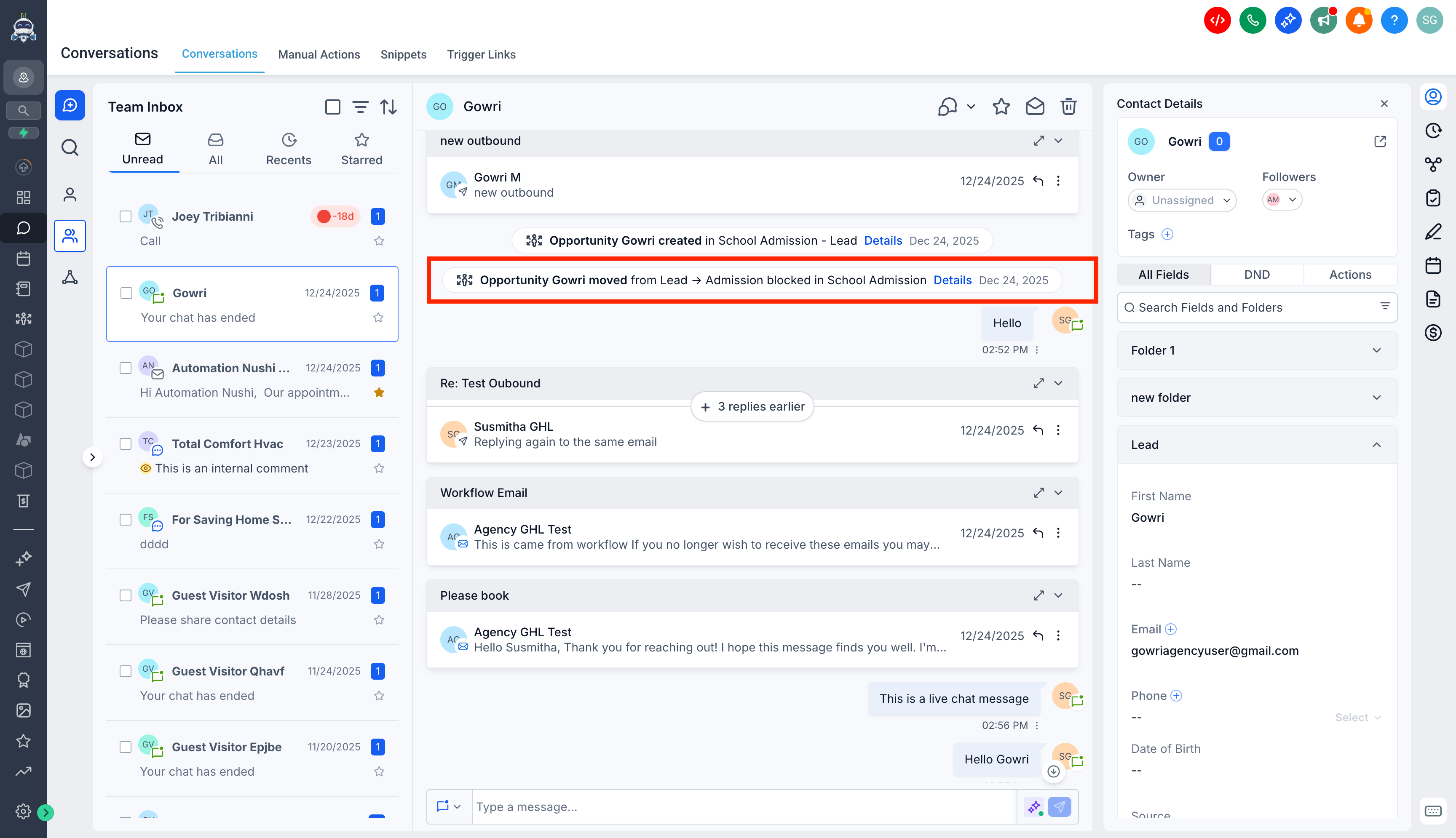 Updated HighLevel Conversations inbox with cleaner thread layout and integrated opportunity updates shown alongside live chat and workflow messages.