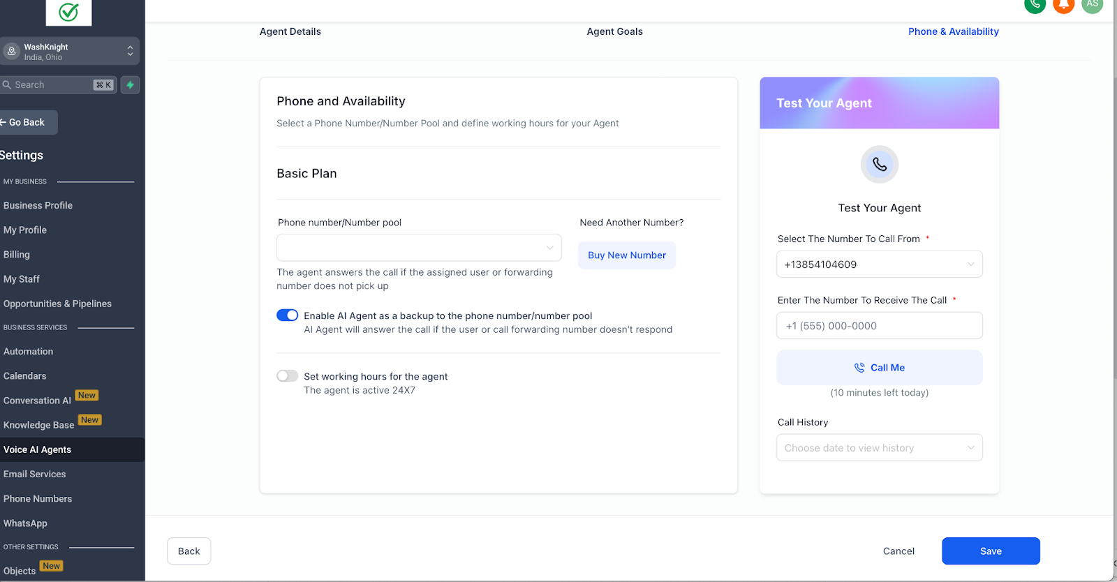 Voice AI Agent settings screen showing toggles for agent backup behavior, call routing, and a 