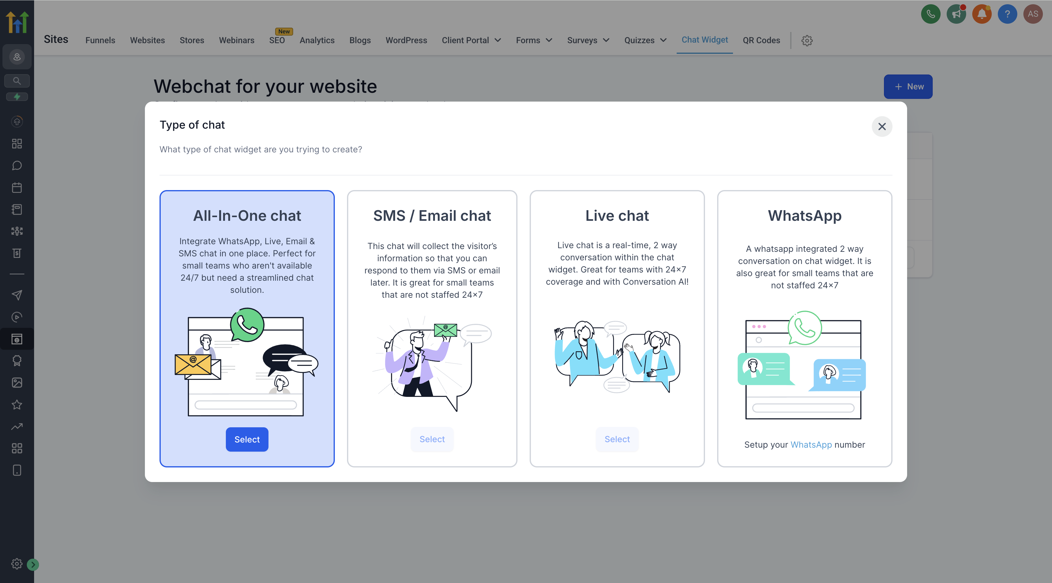 Webchat configuration panel in HighLevel displaying options to set up all-in-one chat, SMS/Email, live chat, and WhatsApp, with the 