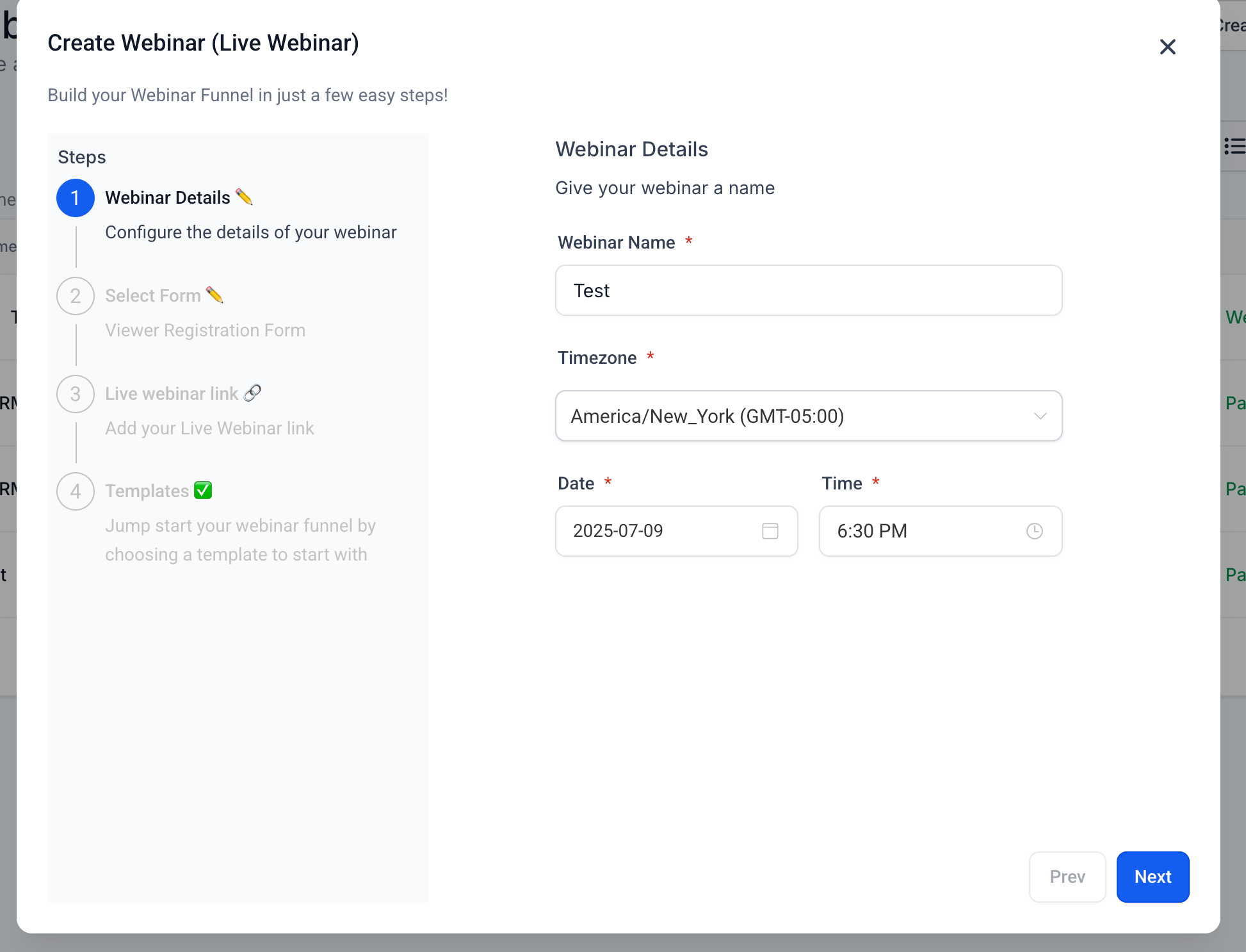 Webinar setup screen in HighLevel showing a step-by-step builder with editable fields for name, timezone, date, and time in a streamlined interface.