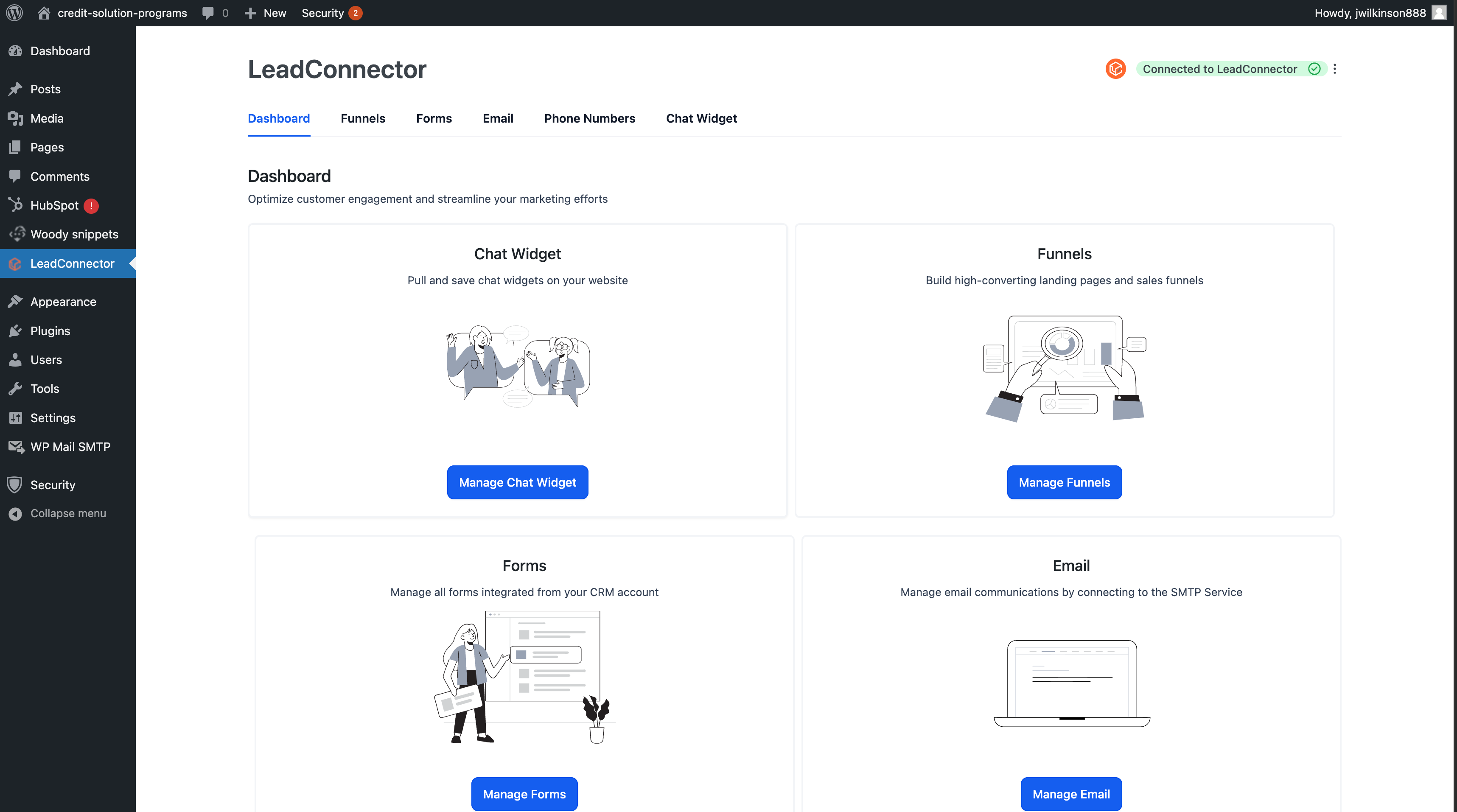 WordPress dashboard featuring LeadConnector plugin with options to manage chat widget, forms, email, and funnels.