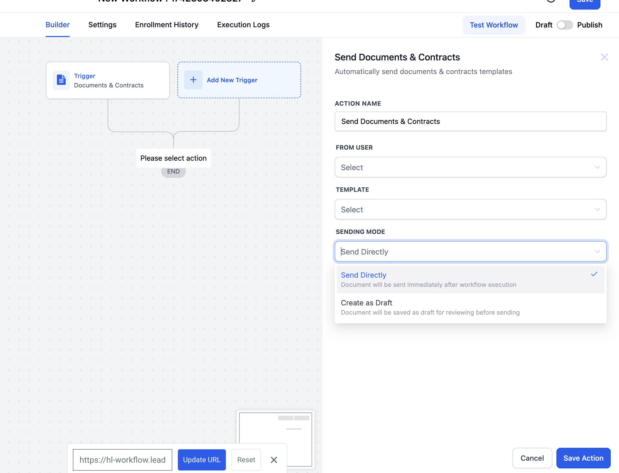Workflow action editor showing option to send documents directly or create as draft.