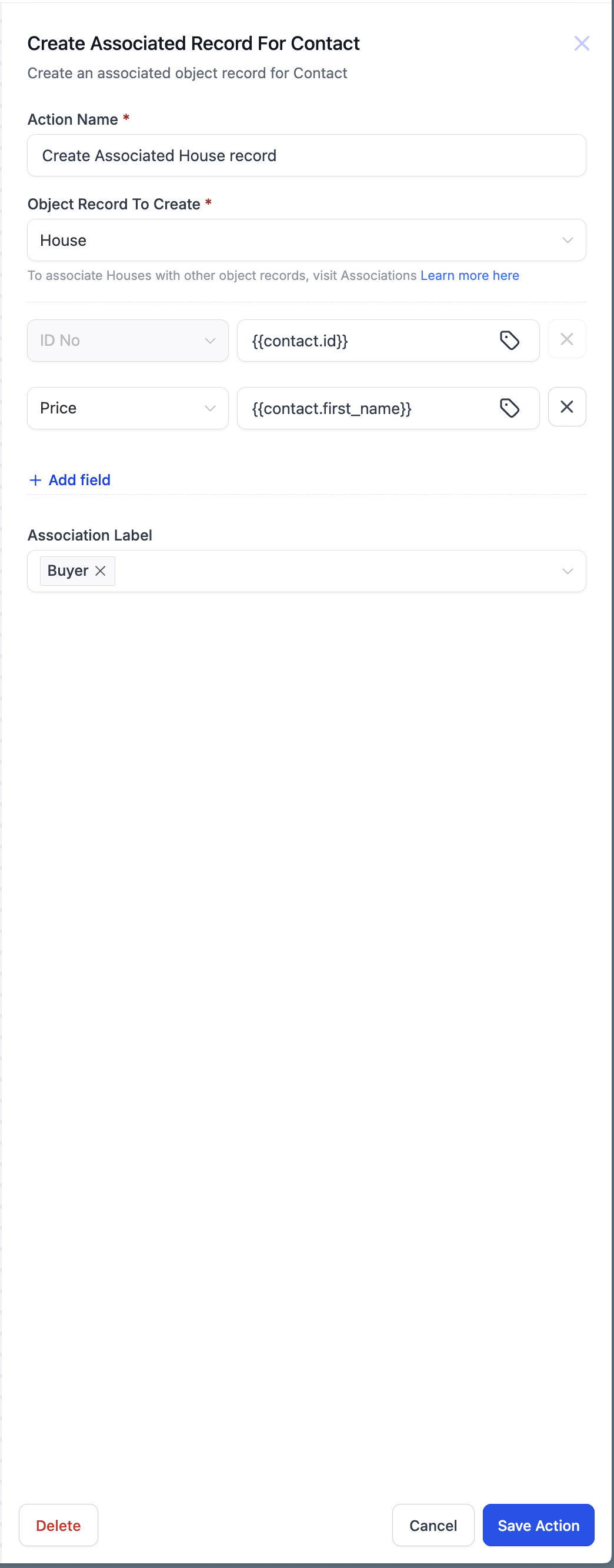 Workflow action editor showing the setup for "Create Associated Record For Contact" with custom fields like ID No and Price mapped using dynamic contact values.