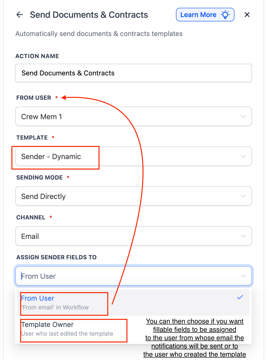 Workflow action settings in HighLevel showing how to dynamically assign sender fields for documents and contracts using the 'From User' or 'Template Owner' option.