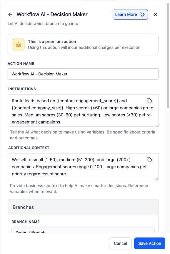 Workflow AI Decision Maker settings in HighLevel, showing instructions for routing leads based on engagement score and company size, with additional context fields and branch configuration options.