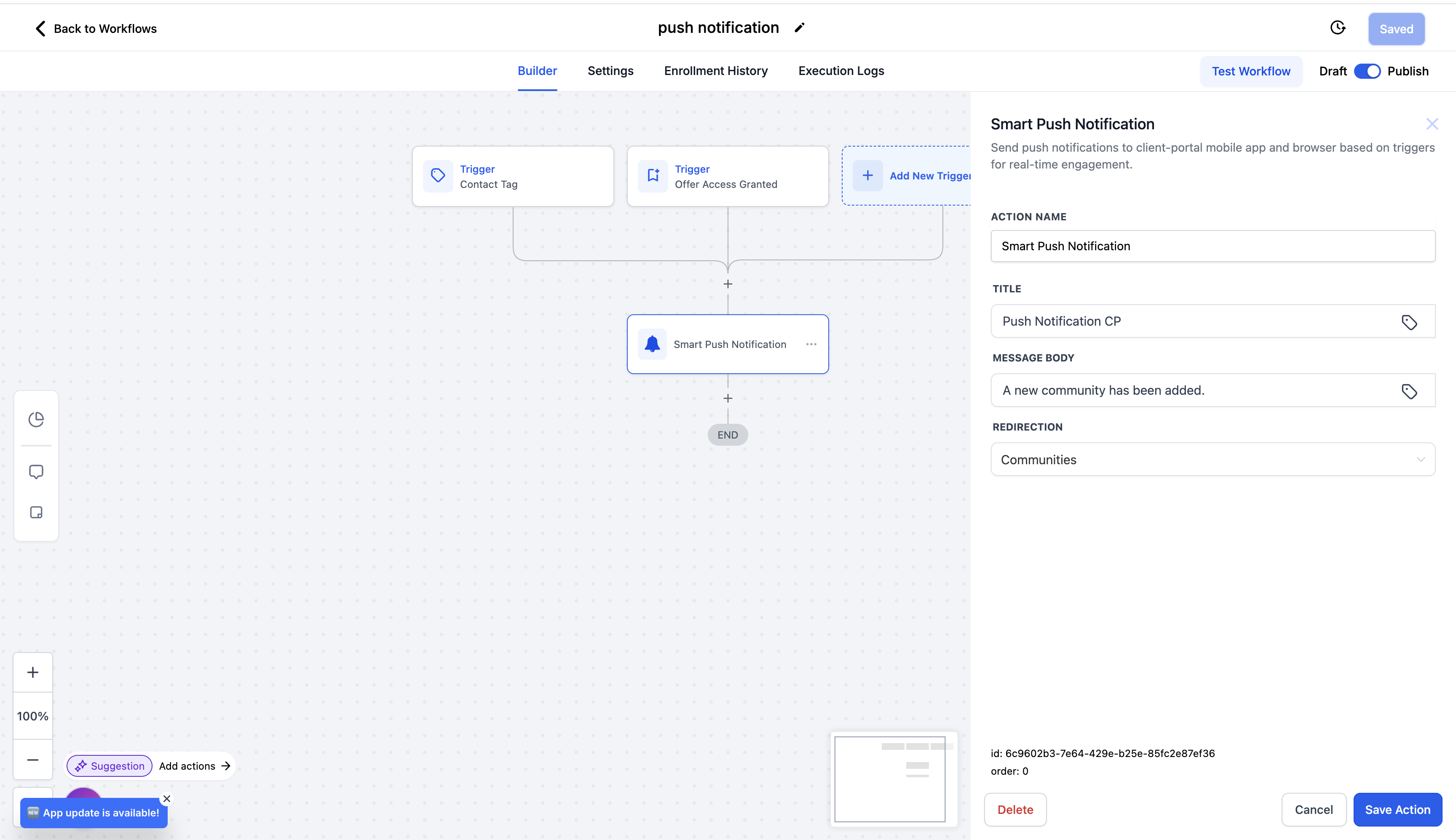 Workflow builder in HighLevel showing a Smart Push Notification action triggered by contact tags or access grants, with a message configured to redirect users to a community page.