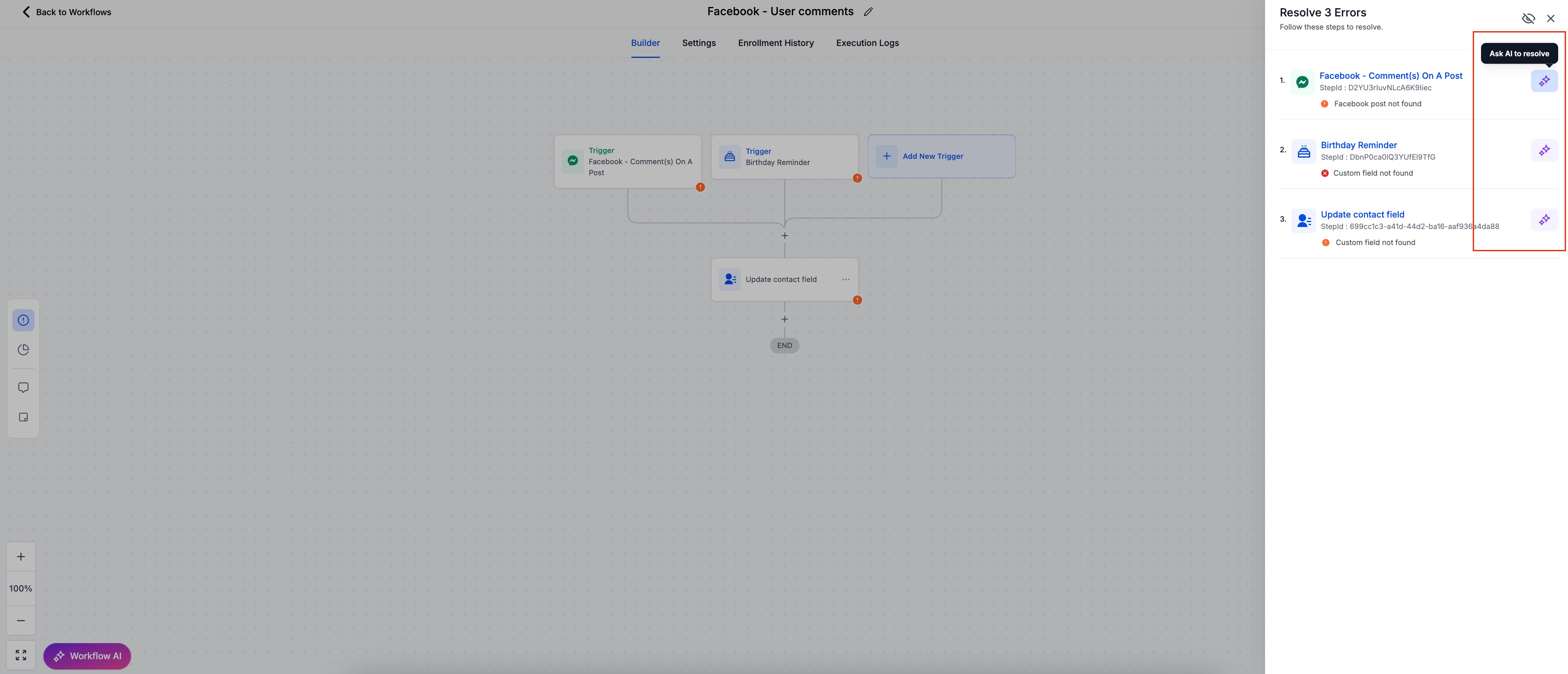Workflow editor with AI error resolution panel showing failed steps and fix suggestions.