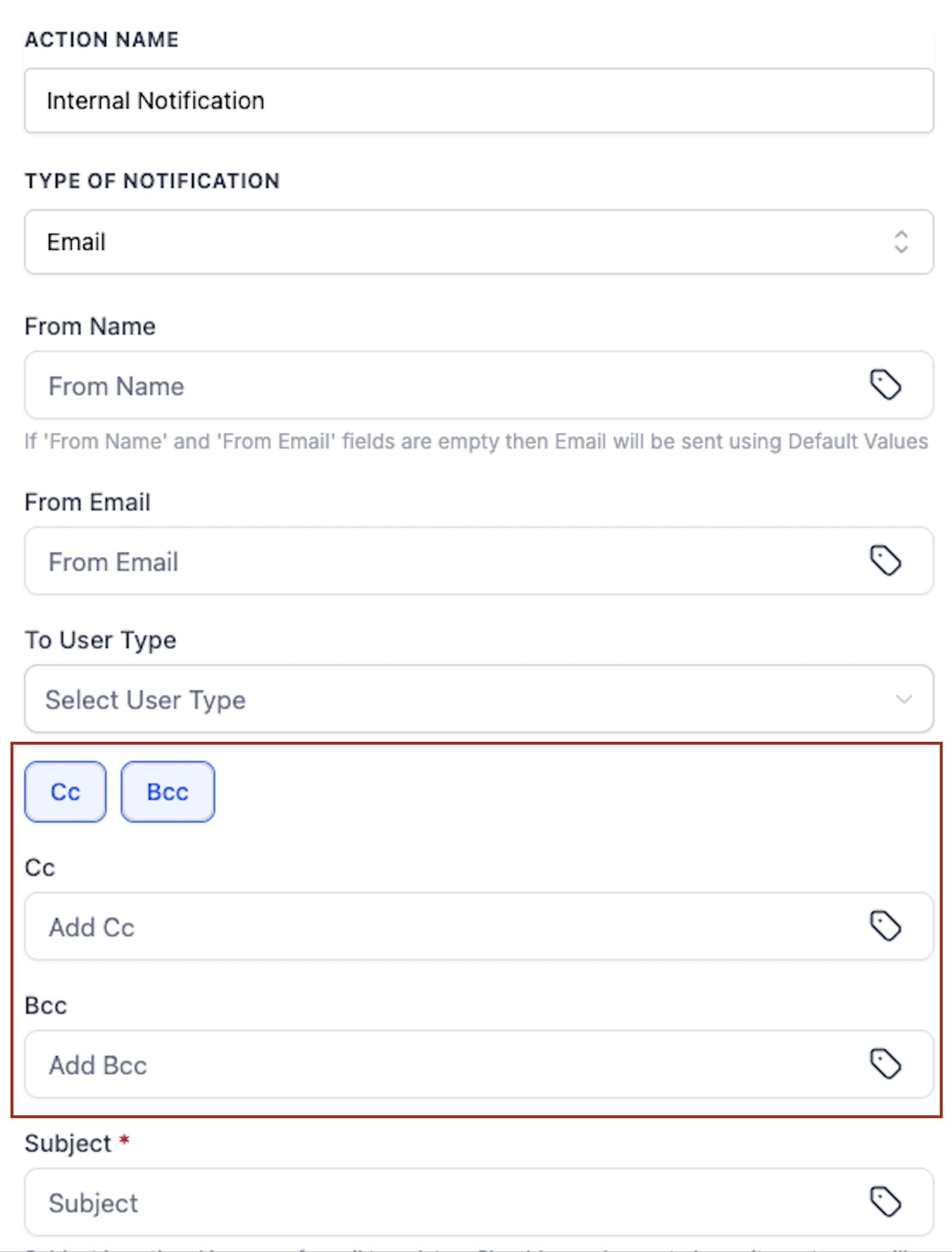 Workflow internal notification settings with new CC and BCC email fields.