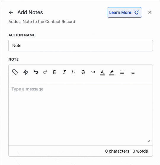 Workflow note action editor in HighLevel with full rich text options like bold, italics, lists, and hyperlinks.
