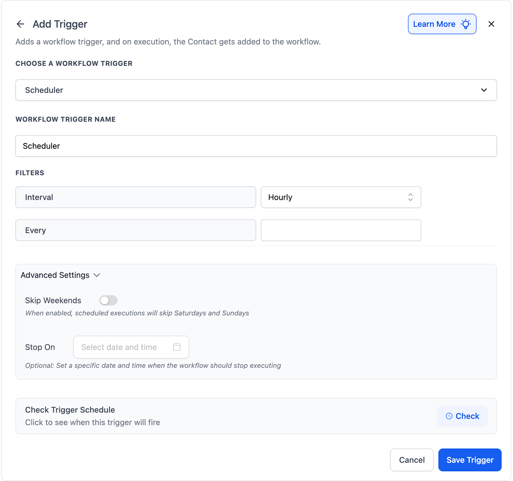 Workflow scheduler trigger settings panel showing options to set interval (e.g., hourly), skip weekends, stop on a specific date, and check when the trigger will fire.
