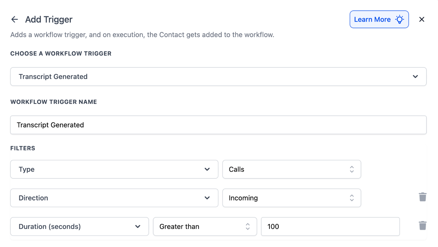 Workflow trigger settings screen with filters for triggering workflows based on call transcript generation.
