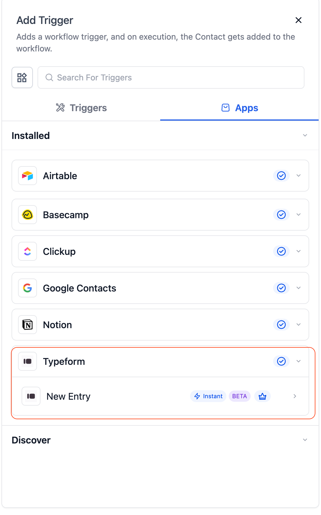 Workflow trigger setup showing Typeform integration with a 